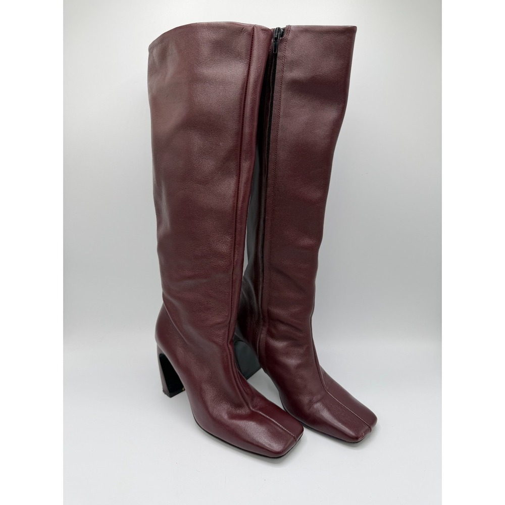 Zara Women's Burgundy Leather Knee High Boots Square Toe Heel EU 39/38
